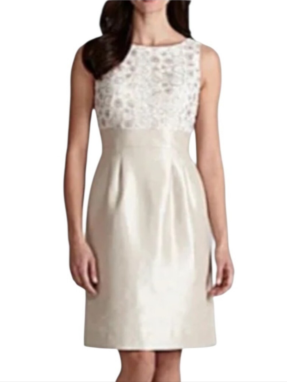 Tahari Sleeveless Lace Overlay Satin Sheath Boat Neck Dress Champagne. 2P